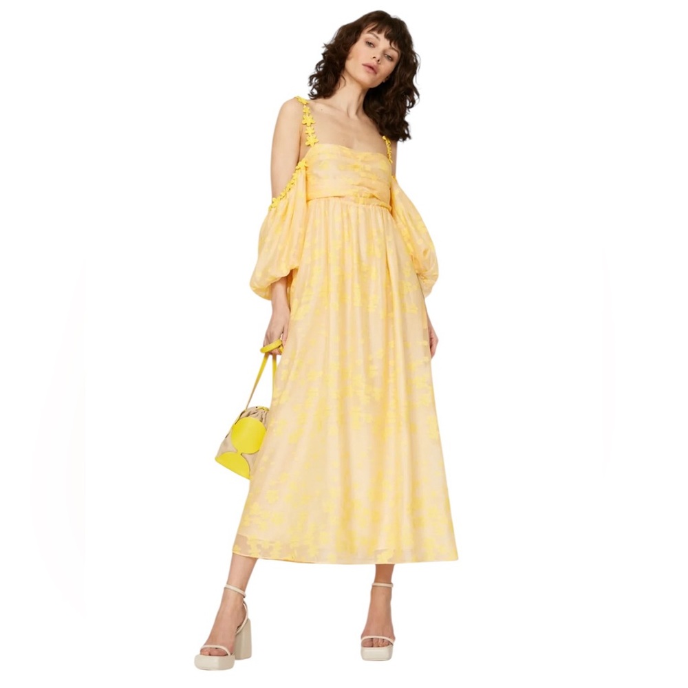 Yellow Midi Dress with Puff Sleeves - Women